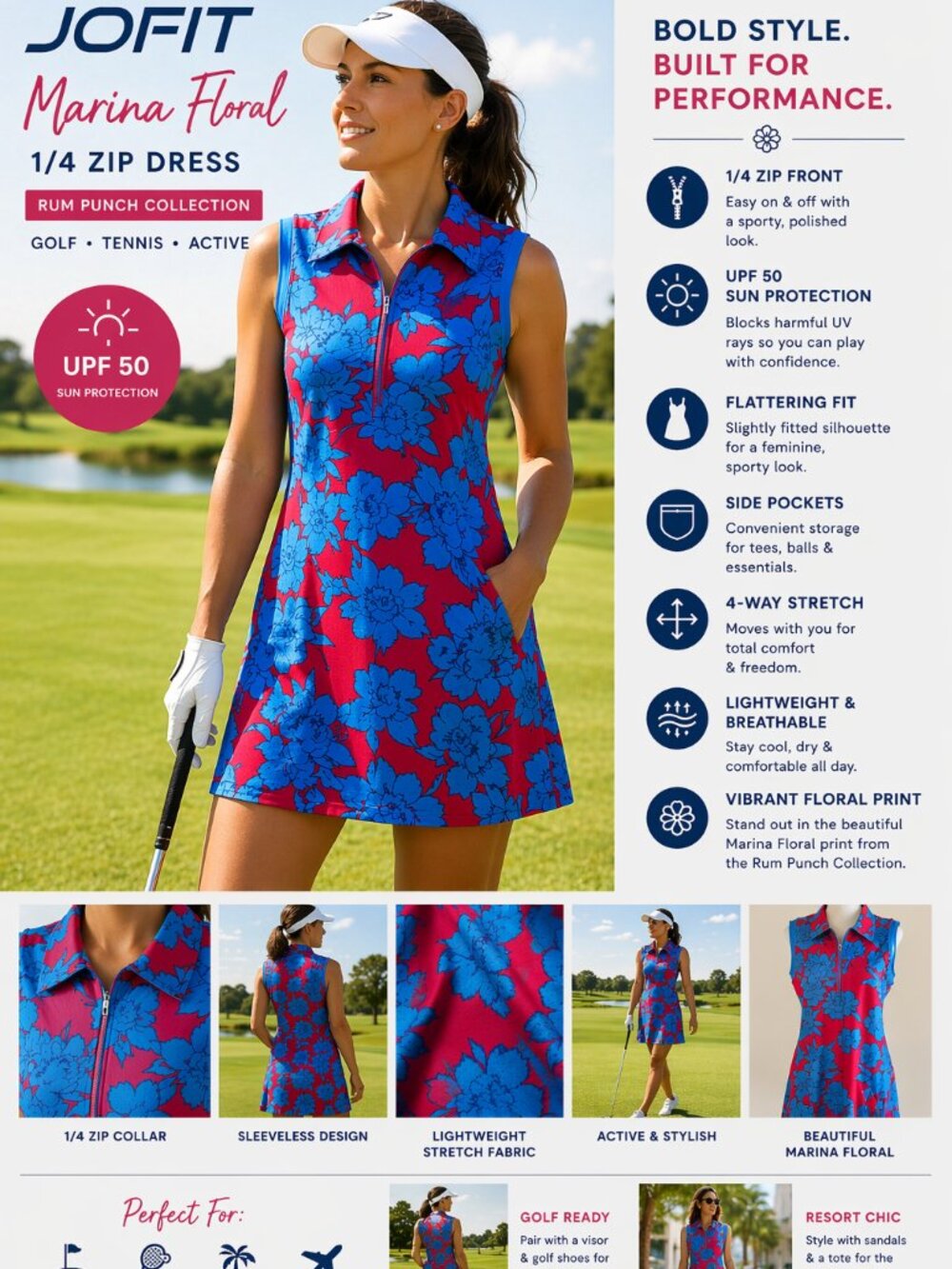 Jofit Golf Dress Marina Floral Sleeveless 1/4 Zip UPF50 Resort Activewear Active
